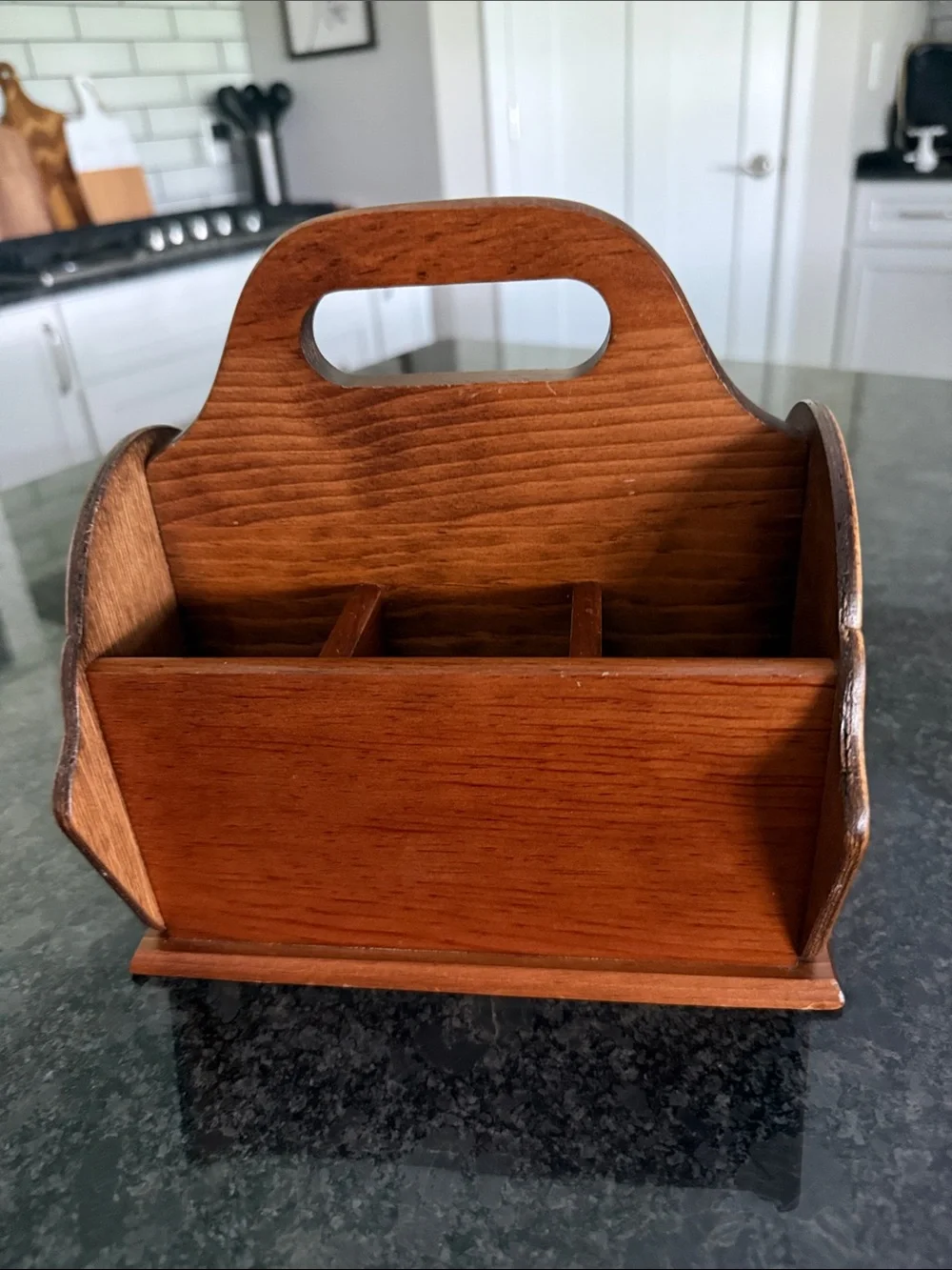 Vintage Solid Wood Divided Carry Caddy Organizer Napkins Mail Holder Farmhouse